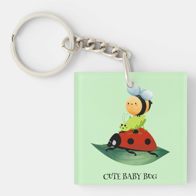 Kids Cute Red ladybug Bee bug insect on green leaf Key Ring (Front)