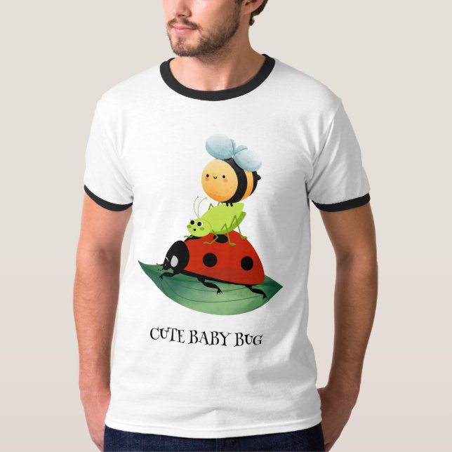 Kids Cute Red ladybug Bee bug insect on green leaf T-Shirt (Front)