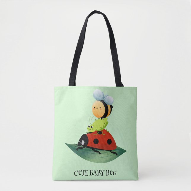 Kids Cute Red ladybug Bee bug insect on green leaf Tote Bag (Front)