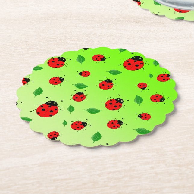 kids Cute Red  Ladybug Polka dot Spring Pattern Paper Coaster (Angled)