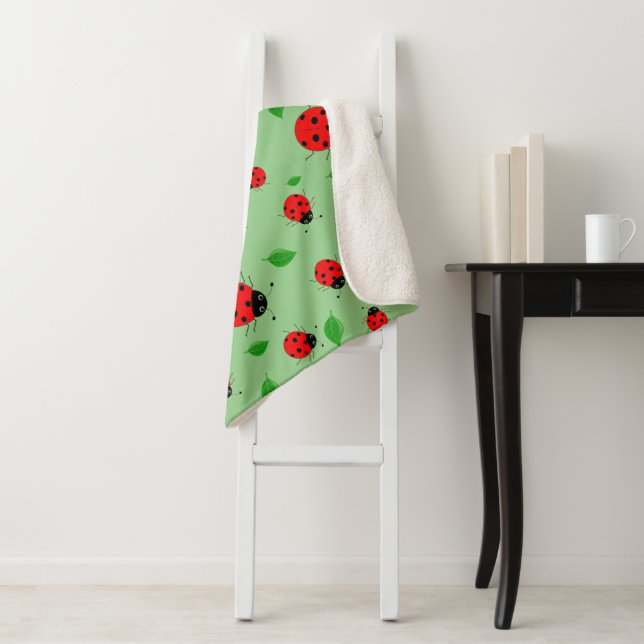 kids Cute Red  Ladybug Polka dot Spring Pattern Sherpa Blanket (In Situ)