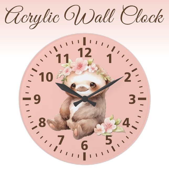 Kids cute sloth with flowers pink brown large clock (Creator Uploaded)