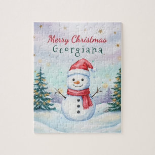 Kids Cute Snowman Personalised Name Christmas Jigsaw Puzzle