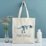Kids Cute T-Rex Dinosaur Fossil Boys School<br><div class="desc">This cute personalised kids tote bag design features a blue t- Rex dinosaur. There is also space for you to add your boys name,  in modern typography. The perfect dinosaur themed gift for any history or dinosaur enthusiast,  great for a sports kit or school bag for kids and toddlers.</div>