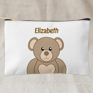 Kids cute teddy bear add a name brown white accessory pouch
