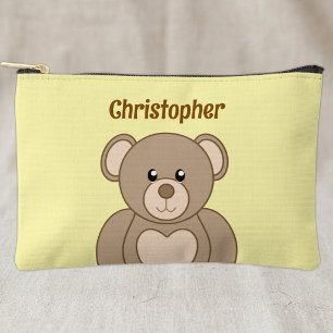 Kids cute teddy bear add a name brown yellow accessory pouch