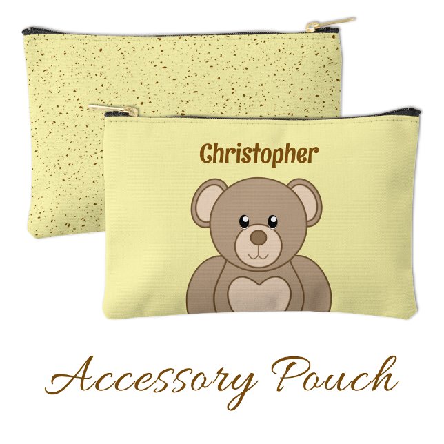 Kids cute teddy bear add a name brown yellow accessory pouch (Creator Uploaded)