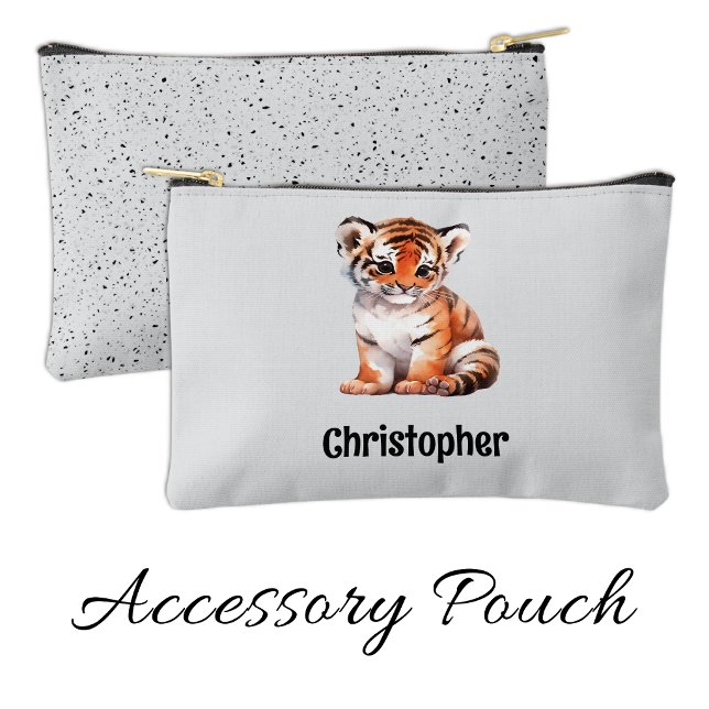 Kids cute tiger add a name grey black accessory pouch (Creator Uploaded)
