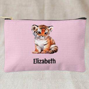 Kids cute tiger add a name pink black accessory pouch