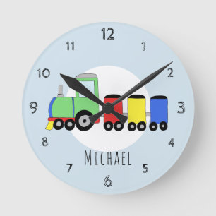 Kids Cute Train Cartoon Boys Nursery Name Round Clock