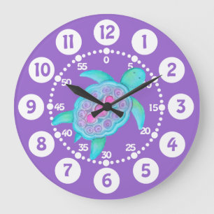 Kids cute turtle art purple aqua wall clock