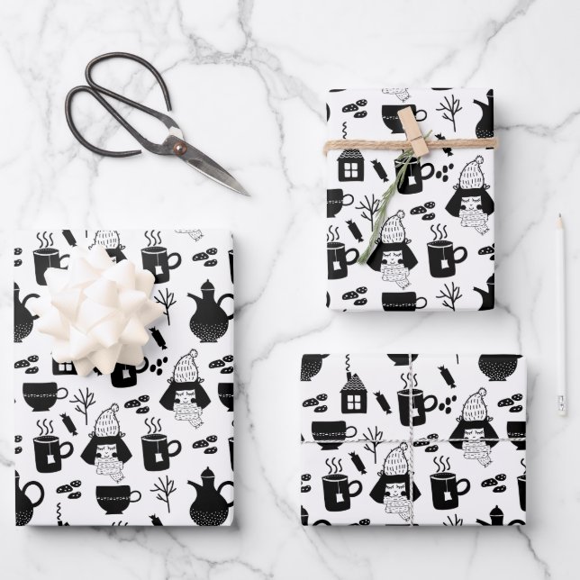 Kids Cute Warming Up Tea Cocoa Hot Chocolate Mug Wrapping Paper Sheet (Front)