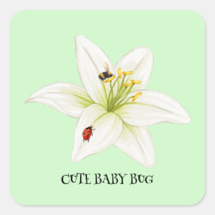 Kids Cute watercolor ladybug  Bee on lily Flower Square Sticker