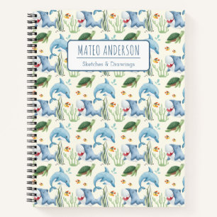 Kids Cute Watercolor Marine Animals Custom Name  Notebook