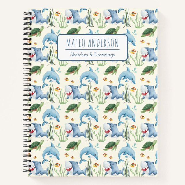 Kids Cute Watercolor Marine Animals Custom Name  Notebook (Front)