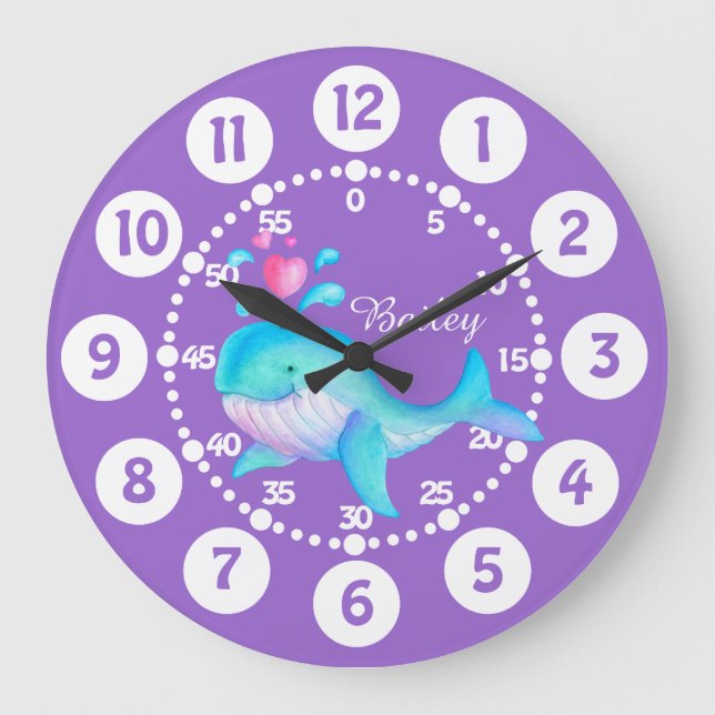 Kids cute whale spurting art purple aqua clock (Front)