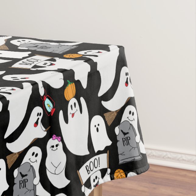 Kids Cute White Ghosts Halloween Party Patterned Tablecloth (In Situ)