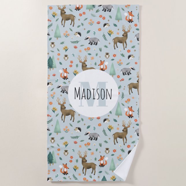 Kids Cute Woodland Forest Animals Kids Monogram Beach Towel (Front)