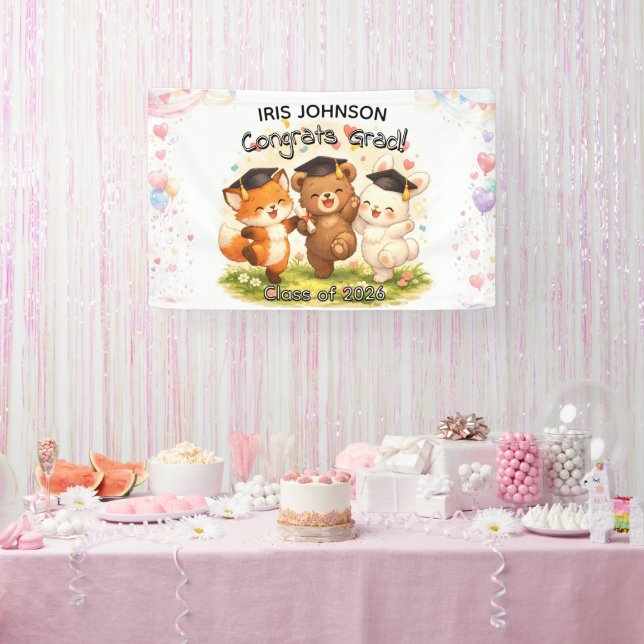 Kid's Cute Woodland Graduation Banner w/ Name (Party)