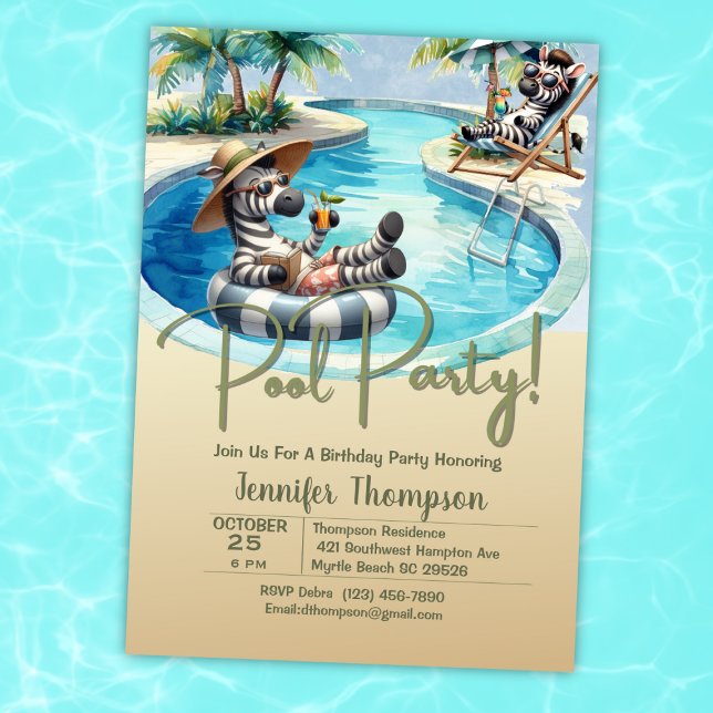 Kids Cute Zebra Safari Pool Party Birthday Invitation (Creator Uploaded)
