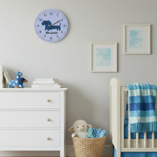 Kids Dachshund Wall Clock Blue Wiener Dog Nursery