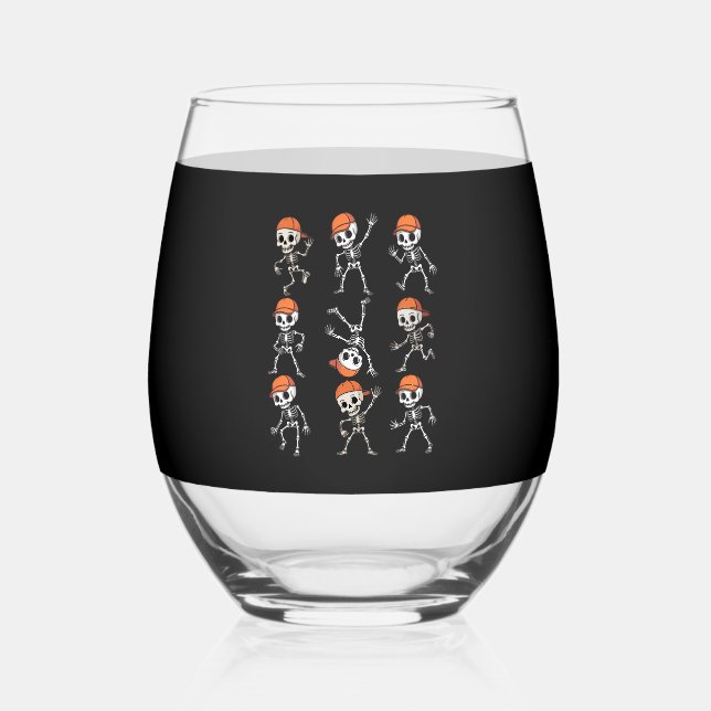 Kids Dancing Skeleton Halloween Stemless Wine Glass (Front)