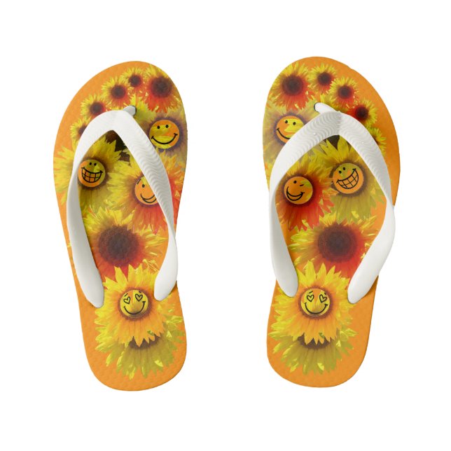 Kids Dark Orange Unisex Sunflower Flip Flops (Footbed)