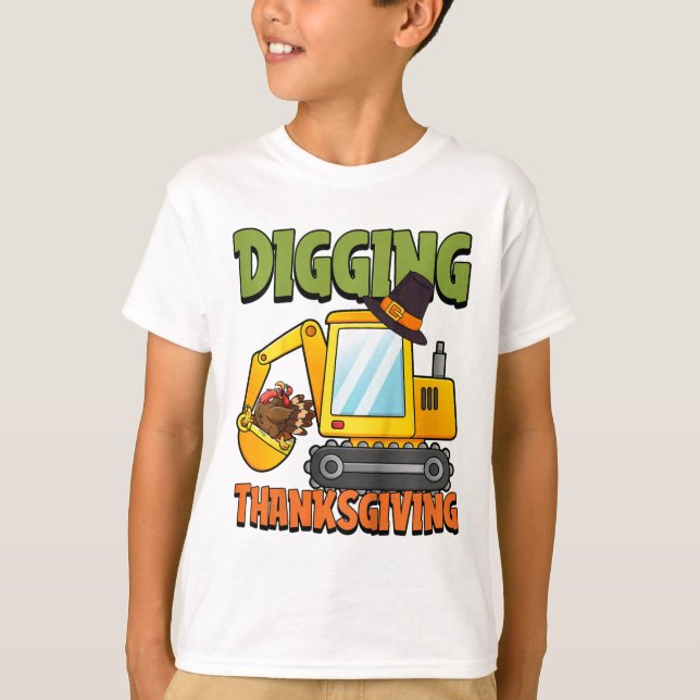 Kids Digging Thanksgiving Day Cool Excavator Turke T-Shirt (Front)