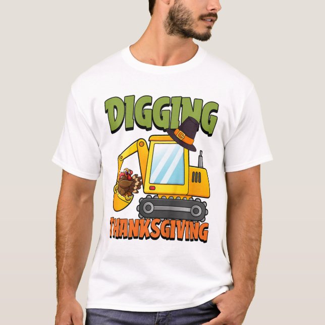 Kids Digging Thanksgiving Day Cool Excavator Turke T-Shirt (Front)