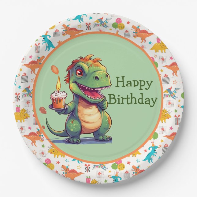 Kids  Dino Birthday  Paper Plate (Front)