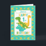 Kids Dinosaur 1st Birthday Blue Card<br><div class="desc">A fun 1st birthday card. This bright first birthday card features a cartoon green T-Rex dinosaur, a yellow Brontosaurus and a blue Triceratops, set on a blue and yellow dinosaur background A lovely cute design for a little boy who will be one years old. The birthday age and the child's...</div>