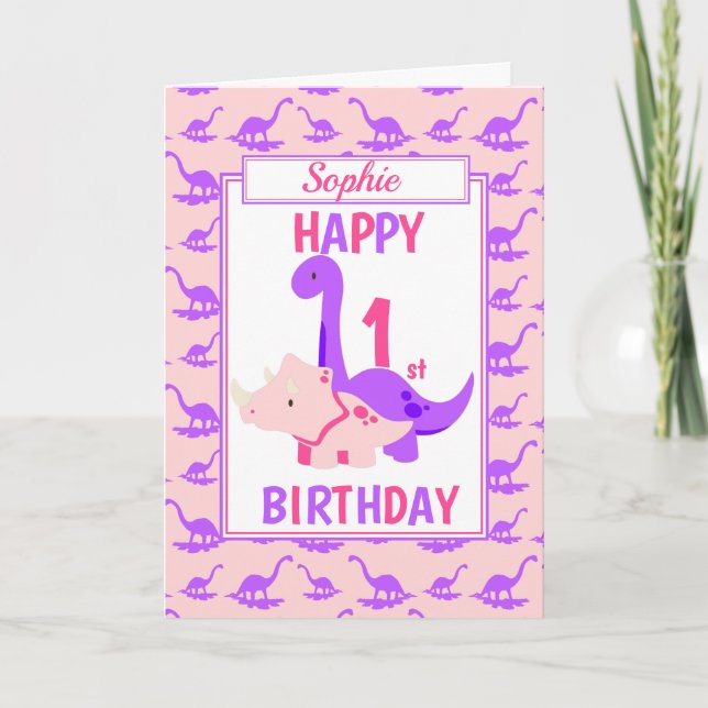 Kids Dinosaur 1st Birthday Pink Card (Front)