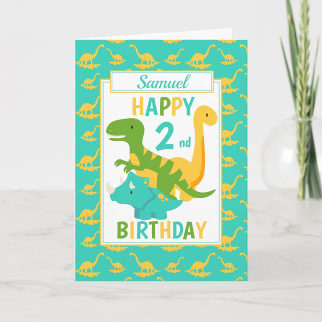 Kids Dinosaur 2nd Birthday Blue Card (Front)