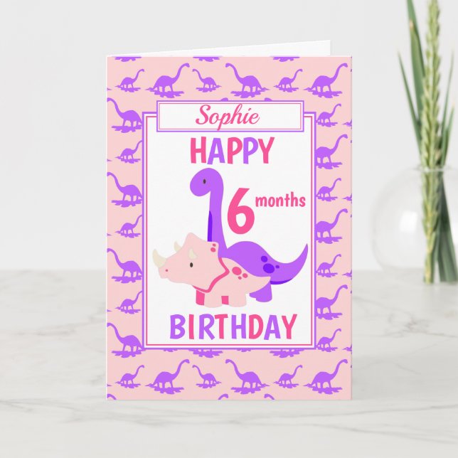 Kids Dinosaur 6 months Birthday Pink Card (Front)