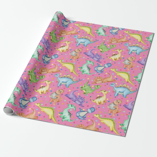 Kids dinosaur animal pink colour birthday gift  wrapping paper (Unrolled)