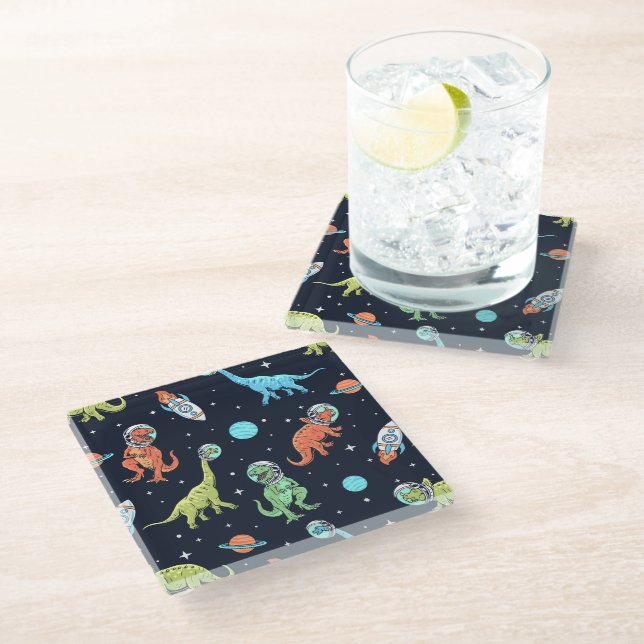 Kids Dinosaur Astronaut Pattern Glass Coaster (Angled)