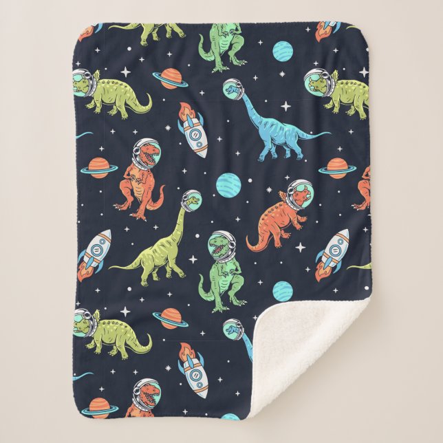 Kids Dinosaur Astronaut Pattern Sherpa Blanket (Front)