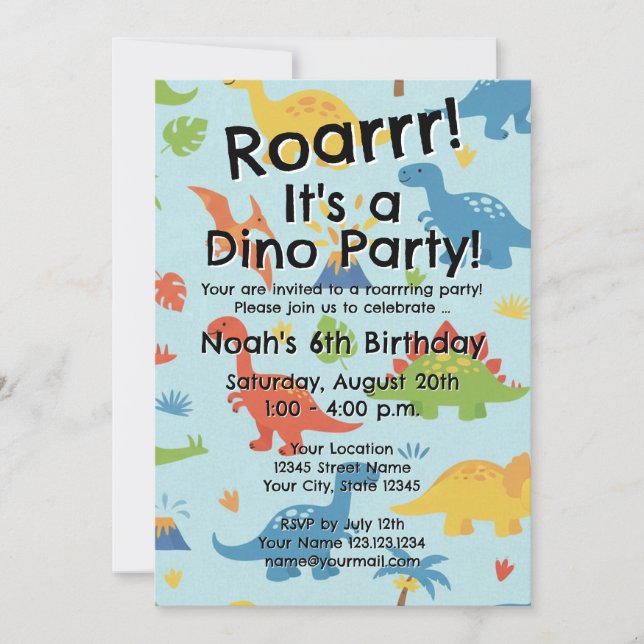Kid's dinosaur Birthday party invitation template (Front)