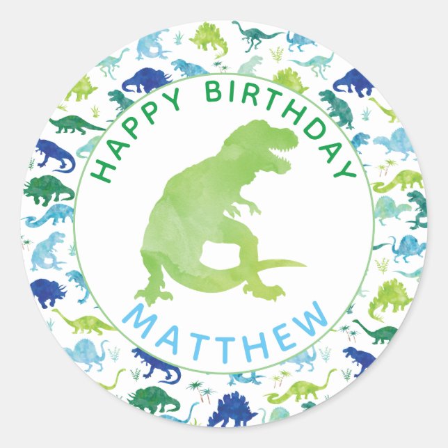 Kids Dinosaur Birthday Party Personalised Dino Classic Round Sticker (Front)
