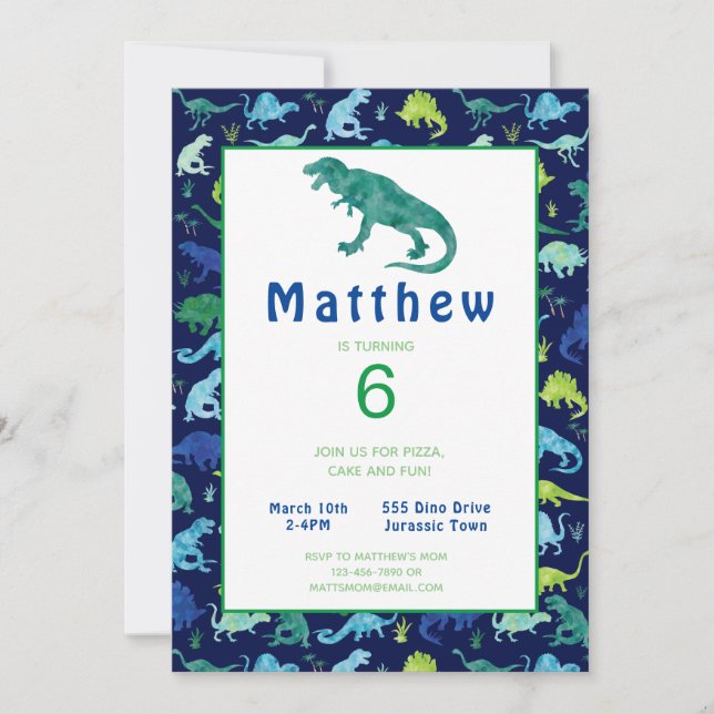 Kids Dinosaur Birthday Party Watercolor Invitation (Front)