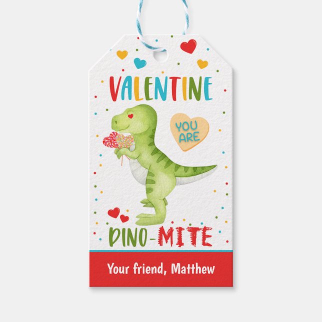 Kids Dinosaur Classroom Valentine Favour Tags (Front)