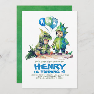 Kids Dinosaur Costumes Party Birthday  Invitation