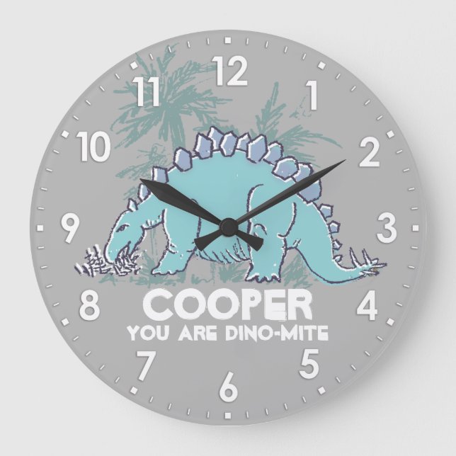 Kids dinosaur Stegosaurus grey blue name clock (Front)