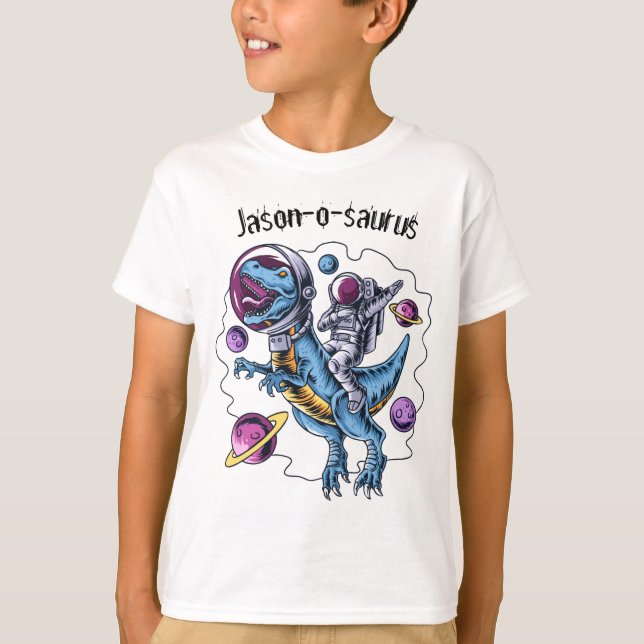 Kids Dinosaur T-Rex Astronaut Add Name T-Shirt (Front)
