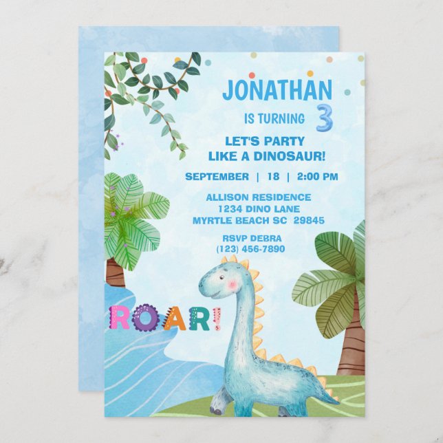   Kids Dinosaur T Rex Birthday Party Invitation (Front/Back)