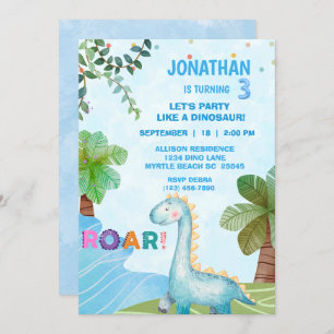 Kids Dinosaur T Rex Birthday Party Invitation