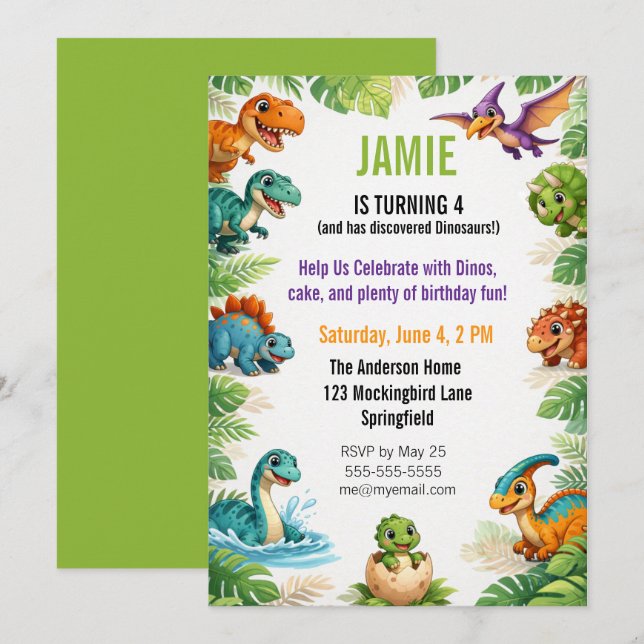 Kids Dinosaur Themed Birthday Invitation (Front/Back)