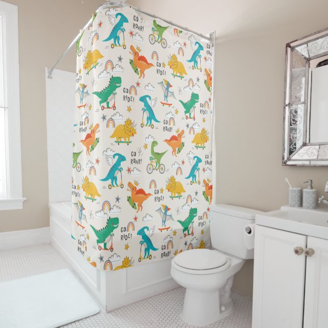 Kids Dinosaur Travelling Pattern Shower Curtain (In Situ)
