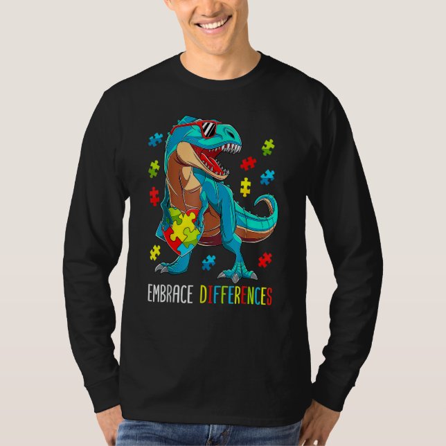 Kids Dinosaur Trex Embrace Differences Autism Awar T-Shirt (Front)