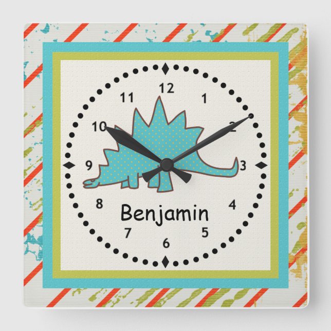 Kids' Dinosaur Wall Clock Blue Stegosaurus (Front)